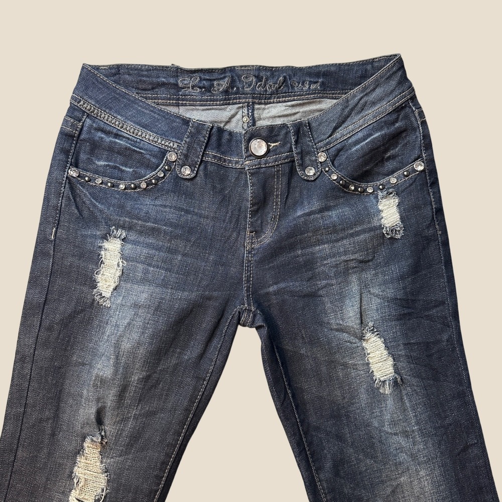 LA Idol Jeans Womens 7 Bootcut Dark Wash Rhinestone Distressed Denim Pants